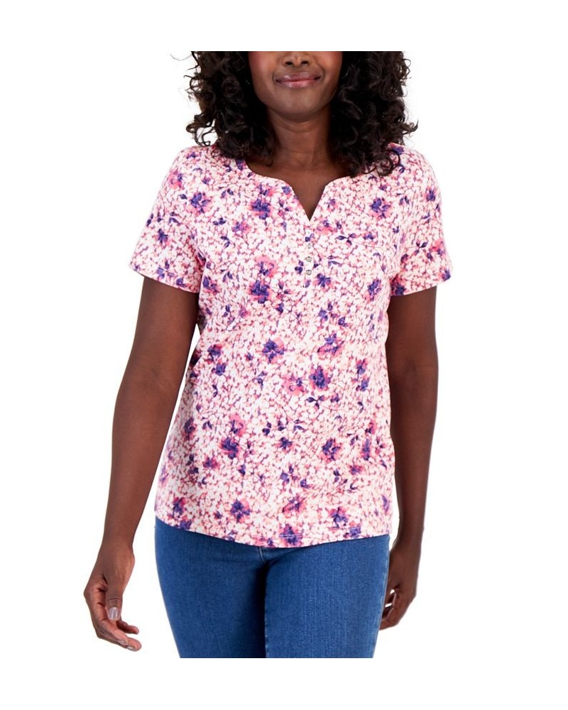 Petite Santa Ana Floral Henley Top Pink $11.39 Tops