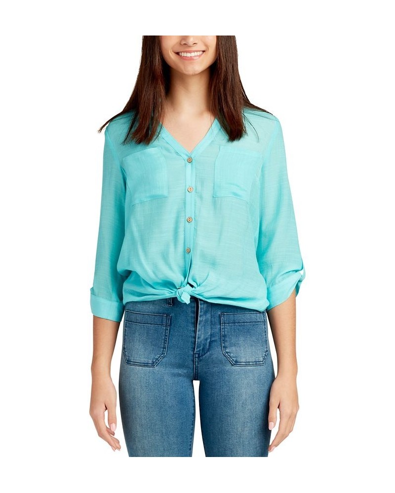 Juniors' Button-Down Two-Pocket Shirt Azure $20.58 Tops