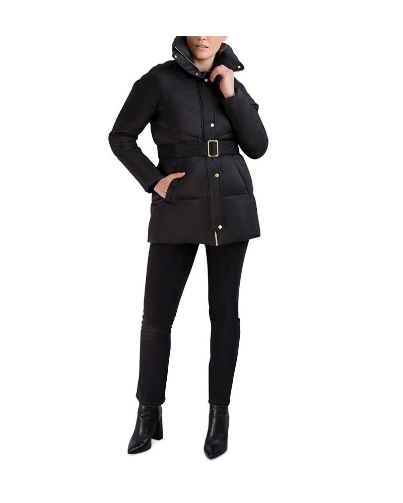 Petite Belted Hooded Puffer Coat Black $90.00 Coats