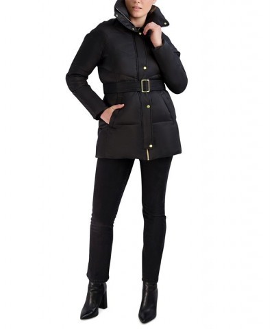 Petite Belted Hooded Puffer Coat Black $90.00 Coats