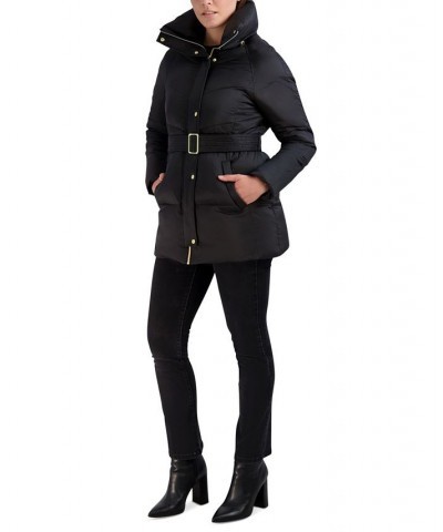 Petite Belted Hooded Puffer Coat Black $90.00 Coats