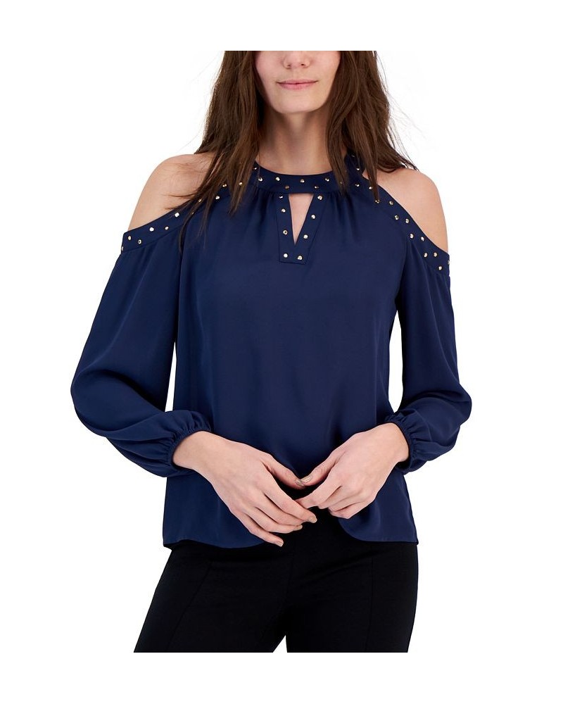 Petite Cold-Shoulder Studded Keyhole-Neck Top Indigo Sea $22.82 Tops