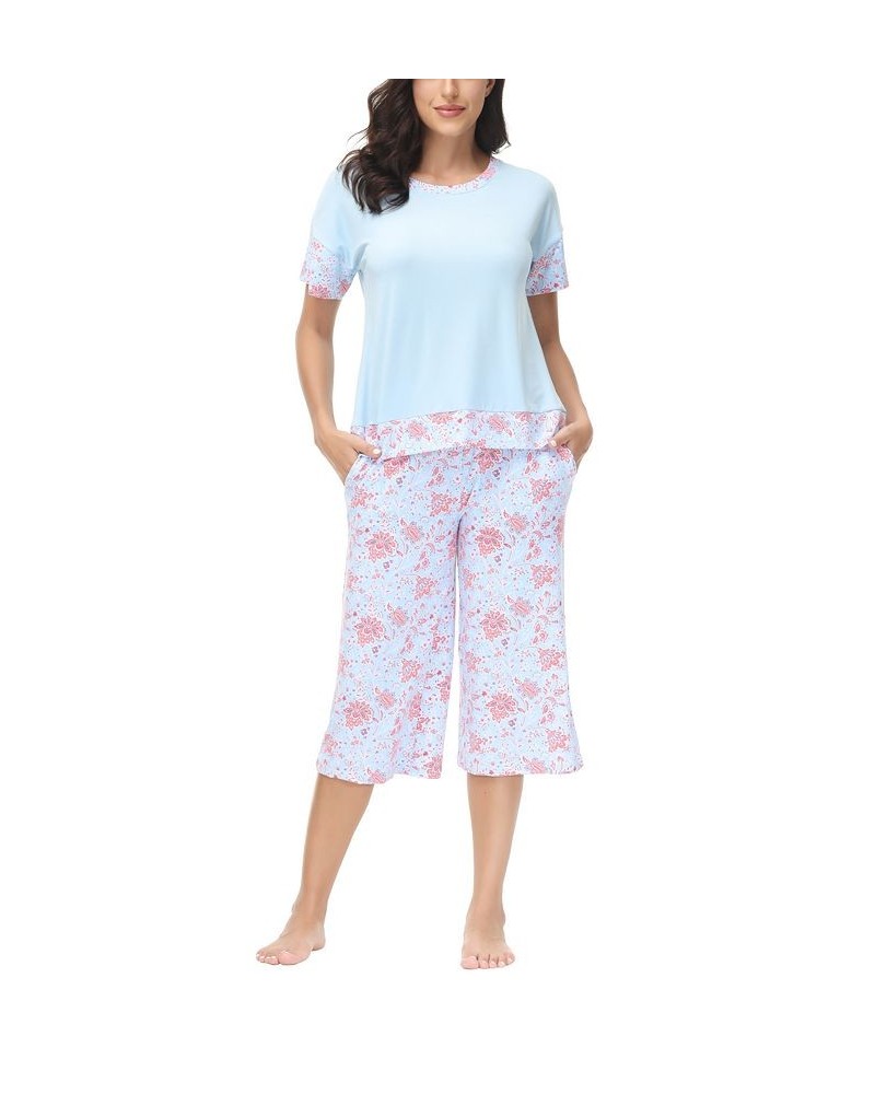 Women's Solid Short Sleeve T-shirt with Printed Capri 2 Piece Pajama Set Blossom Floral $28.80 Sleepwear