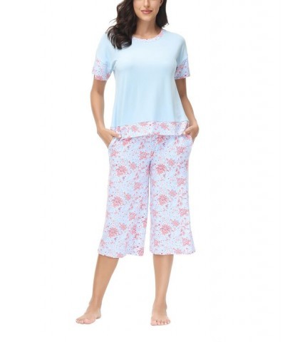 Women's Solid Short Sleeve T-shirt with Printed Capri 2 Piece Pajama Set Blossom Floral $28.80 Sleepwear