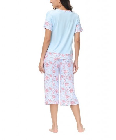 Women's Solid Short Sleeve T-shirt with Printed Capri 2 Piece Pajama Set Blossom Floral $28.80 Sleepwear