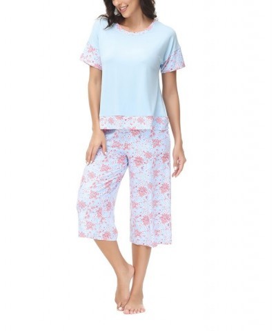 Women's Solid Short Sleeve T-shirt with Printed Capri 2 Piece Pajama Set Blossom Floral $28.80 Sleepwear