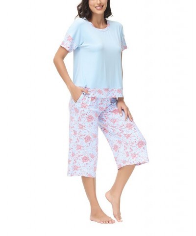 Women's Solid Short Sleeve T-shirt with Printed Capri 2 Piece Pajama Set Blossom Floral $28.80 Sleepwear