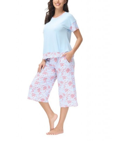 Women's Solid Short Sleeve T-shirt with Printed Capri 2 Piece Pajama Set Blossom Floral $28.80 Sleepwear