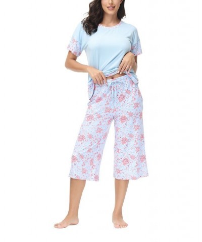 Women's Solid Short Sleeve T-shirt with Printed Capri 2 Piece Pajama Set Blossom Floral $28.80 Sleepwear