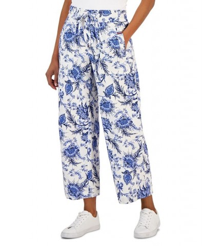 Women's Linen-Blend Printed Drawstring Pants Ibiza Floral- Bright White Multi $49.75 Pants