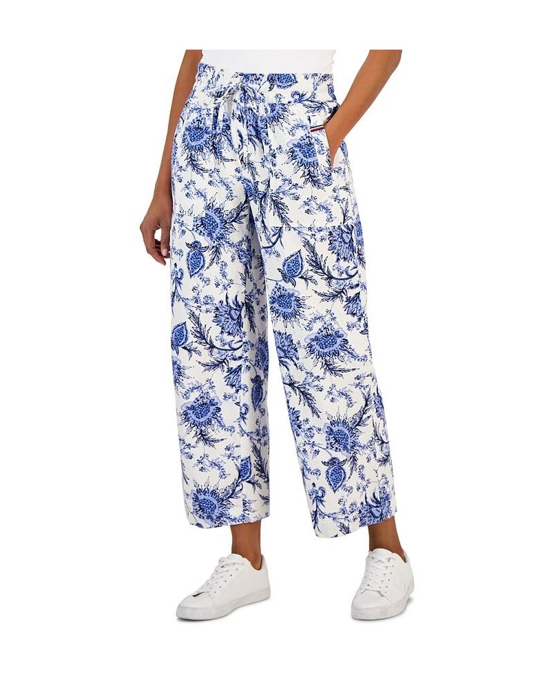 Women's Linen-Blend Printed Drawstring Pants Ibiza Floral- Bright White Multi $49.75 Pants