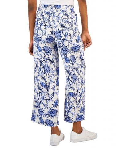 Women's Linen-Blend Printed Drawstring Pants Ibiza Floral- Bright White Multi $49.75 Pants