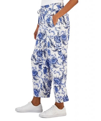 Women's Linen-Blend Printed Drawstring Pants Ibiza Floral- Bright White Multi $49.75 Pants