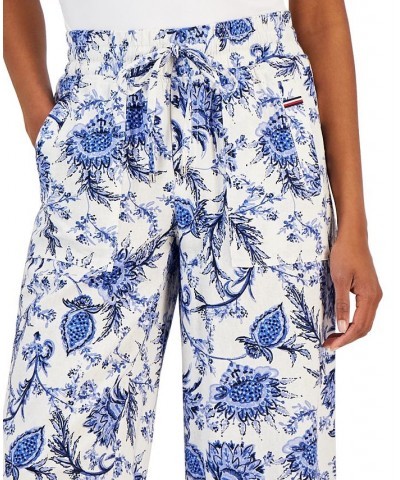 Women's Linen-Blend Printed Drawstring Pants Ibiza Floral- Bright White Multi $49.75 Pants