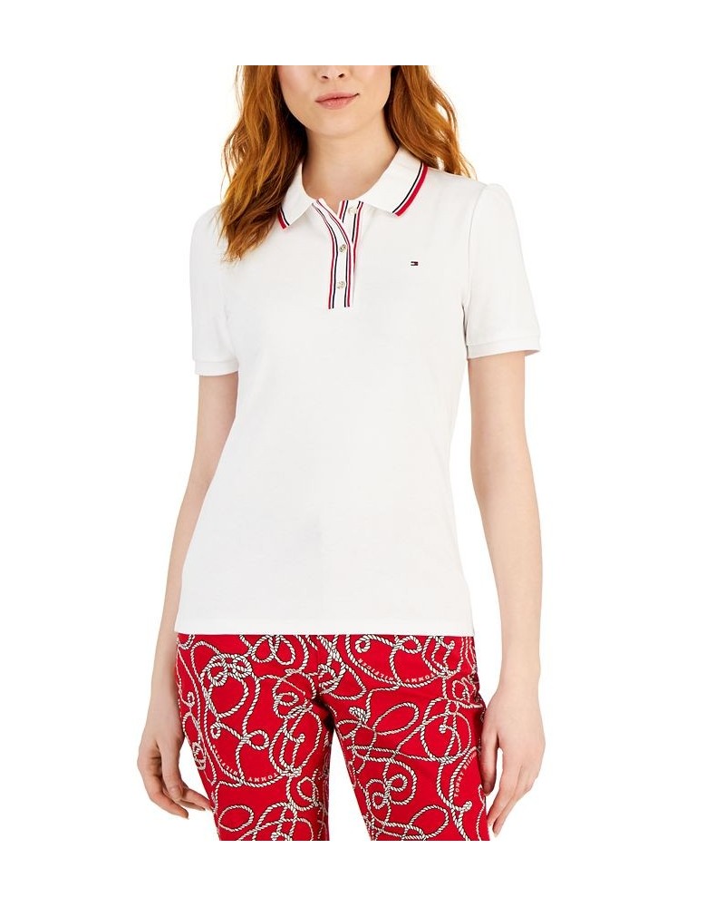 Women's Cotton Logo-Stripe Puff-Sleeve Polo White $21.67 Tops