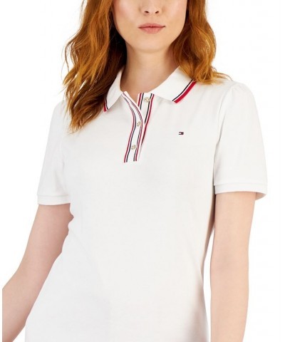 Women's Cotton Logo-Stripe Puff-Sleeve Polo White $21.67 Tops