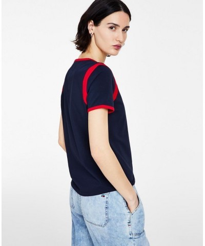 Women's Multicolored-Logo Contrast-Trimmed Top Blue $23.10 Tops