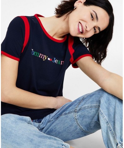 Women's Multicolored-Logo Contrast-Trimmed Top Blue $23.10 Tops