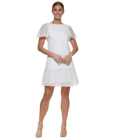 Petite Chevron-Trim Flutter-Sleeve Fit & Flare Dress Ivory $50.40 Dresses