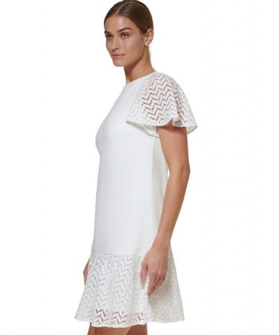 Petite Chevron-Trim Flutter-Sleeve Fit & Flare Dress Ivory $50.40 Dresses