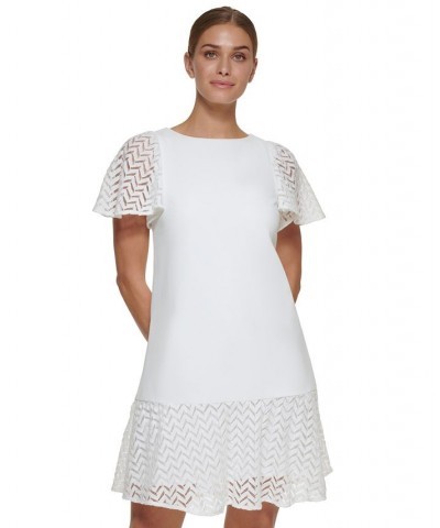 Petite Chevron-Trim Flutter-Sleeve Fit & Flare Dress Ivory $50.40 Dresses