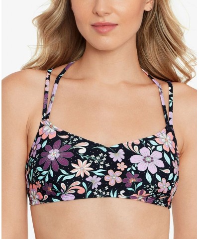 Juniors' Printed Double Strap Bralette Bikini Top Retro Floral Black Multi $19.94 Swimsuits