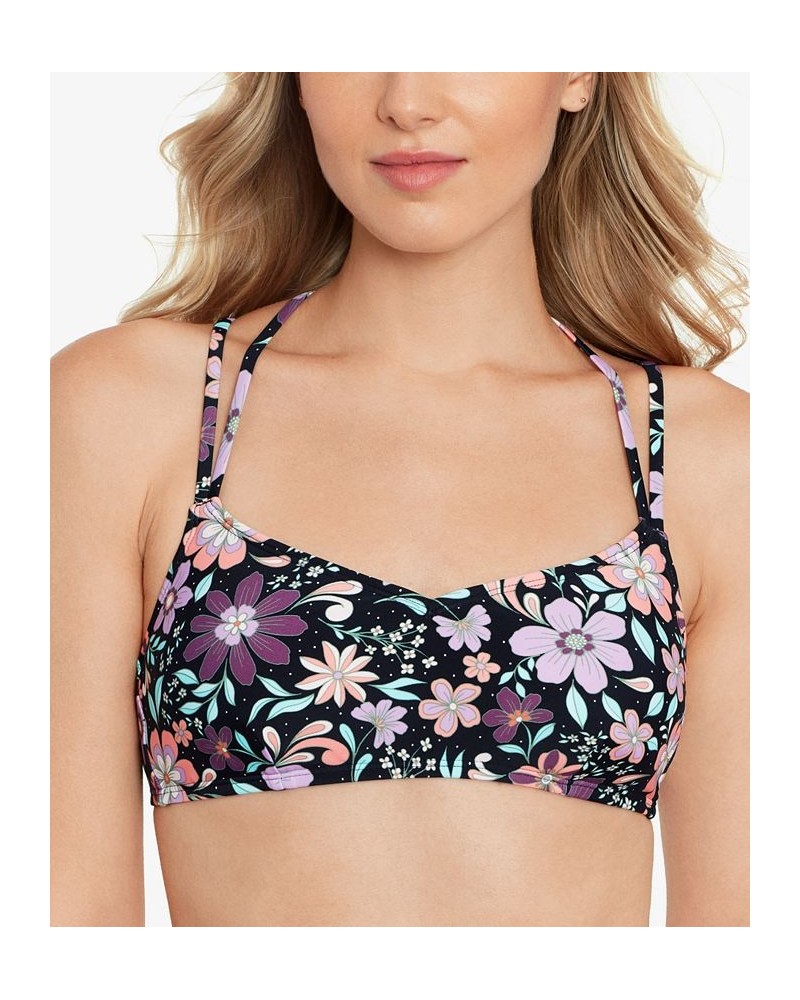 Juniors' Printed Double Strap Bralette Bikini Top Retro Floral Black Multi $19.94 Swimsuits