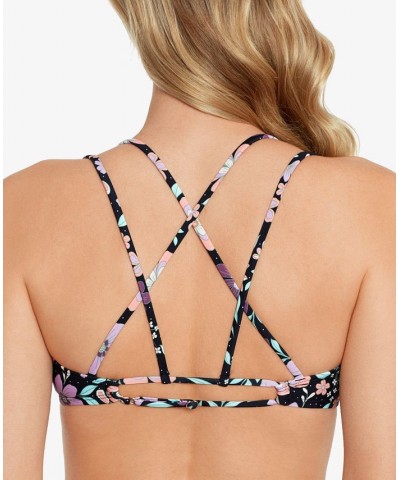 Juniors' Printed Double Strap Bralette Bikini Top Retro Floral Black Multi $19.94 Swimsuits