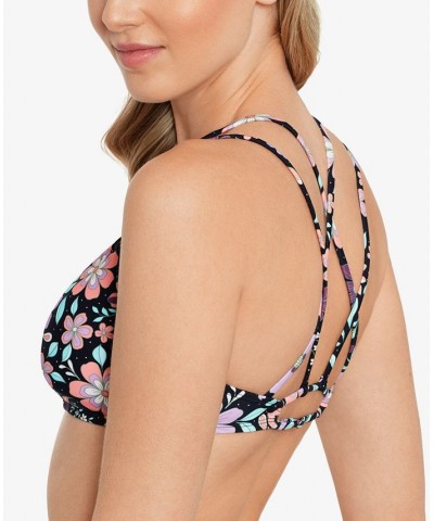 Juniors' Printed Double Strap Bralette Bikini Top Retro Floral Black Multi $19.94 Swimsuits