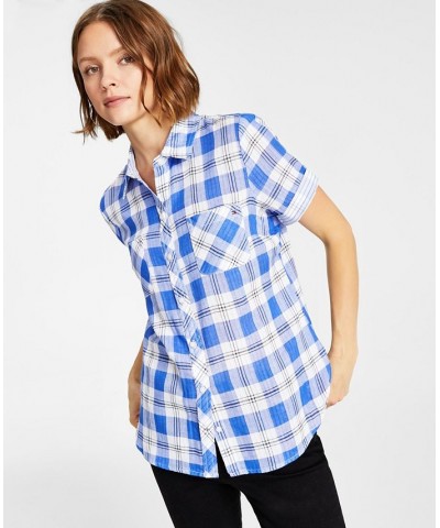 Women's Cotton Plaid Pocket Camp Shirt Blue $20.70 Tops