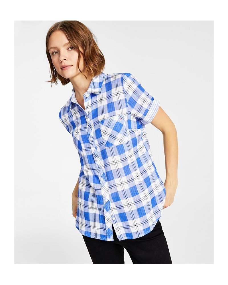 Women's Cotton Plaid Pocket Camp Shirt Blue $20.70 Tops