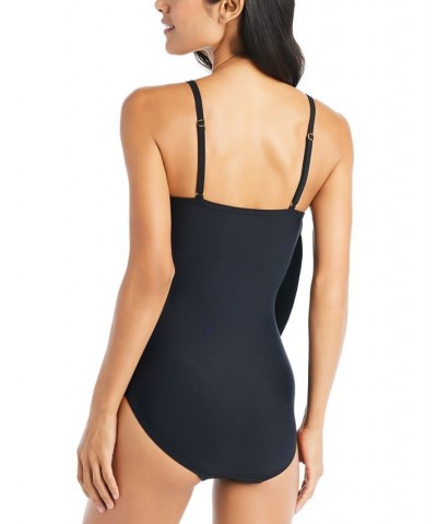 Women's Cowlneck Draped-Front One-Piece Swimsuit Black $70.03 Swimsuits