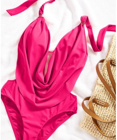 Solid Cowlneck One-Piece Swimsuit Pink $43.12 Swimsuits