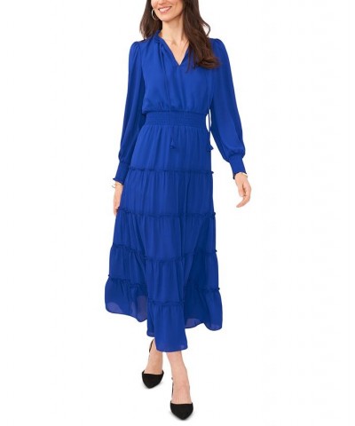 Women's Long Sleeve Tiered Maxi Dress Blue $44.57 Dresses