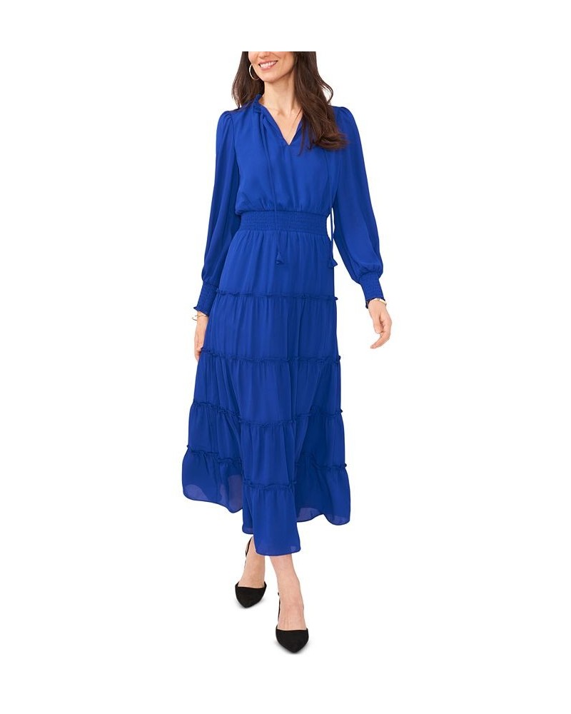 Women's Long Sleeve Tiered Maxi Dress Blue $44.57 Dresses