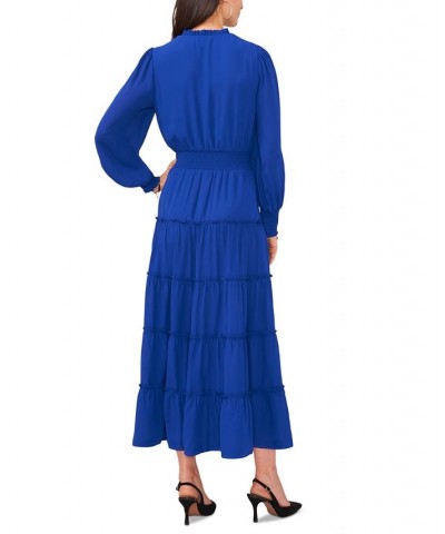 Women's Long Sleeve Tiered Maxi Dress Blue $44.57 Dresses