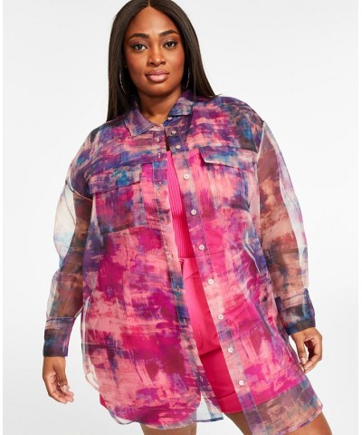 Trendy Plus Size Organza Oversized Shirt Multi $29.98 Tops