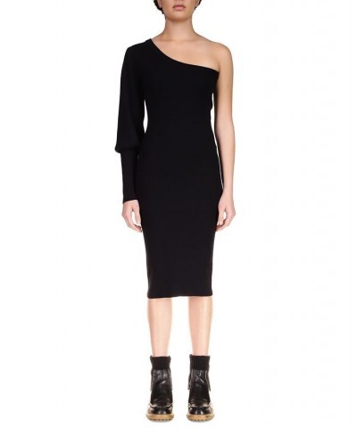 Women's One-Shoulder Puff-Sleeve Ribbed Midi Dress Black $25.16 Dresses