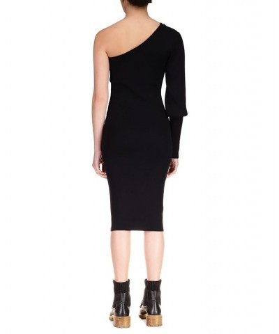 Women's One-Shoulder Puff-Sleeve Ribbed Midi Dress Black $25.16 Dresses