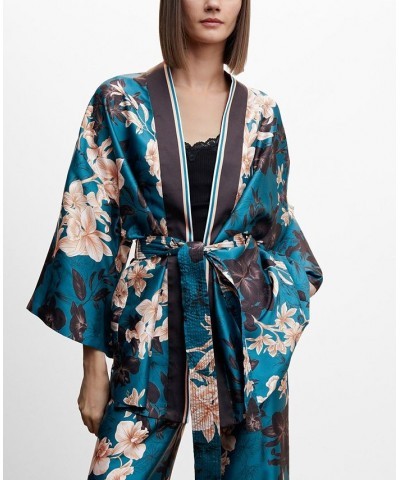 Women's Bow Closure Floral Kimono Blue $59.80 Jackets