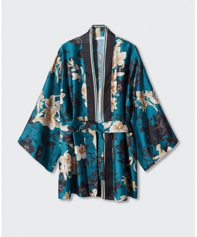 Women's Bow Closure Floral Kimono Blue $59.80 Jackets