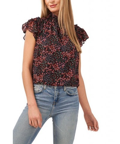 Women's Flutter Sleeve Mock Neck Blouse Rich Black $27.76 Tops