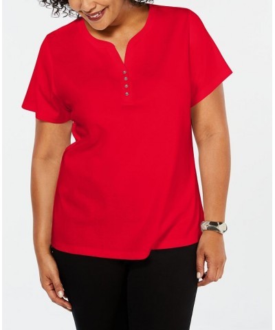 Plus Size Cotton Henley Top Bright White $8.47 Tops