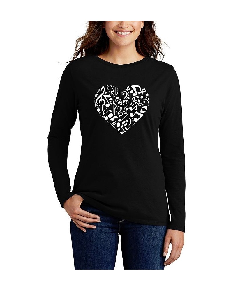 Women's Long Sleeve Word Art Heart Notes T-shirt Black $19.97 Tops