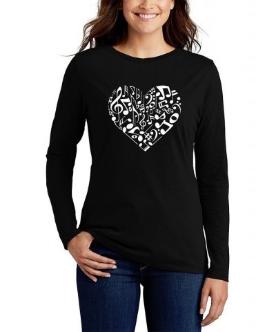 Women's Long Sleeve Word Art Heart Notes T-shirt Black $19.97 Tops