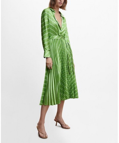 Women's Pleated Satin Shirt Dress Green $41.00 Dresses