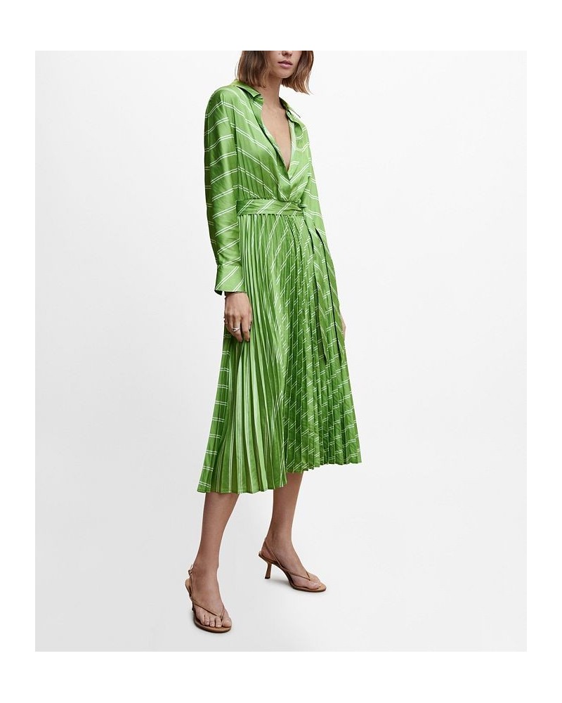 Women's Pleated Satin Shirt Dress Green $41.00 Dresses