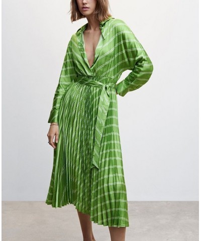 Women's Pleated Satin Shirt Dress Green $41.00 Dresses