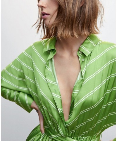 Women's Pleated Satin Shirt Dress Green $41.00 Dresses