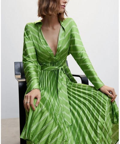 Women's Pleated Satin Shirt Dress Green $41.00 Dresses